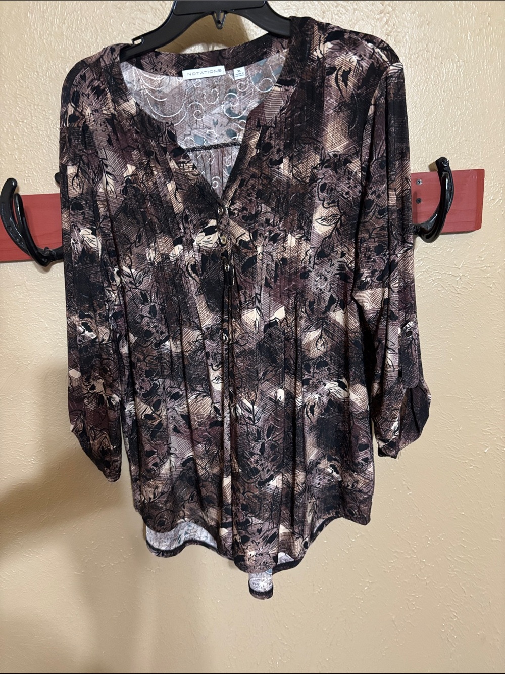 Notations Brown and Black Floral Scoop Neck Tunic Top